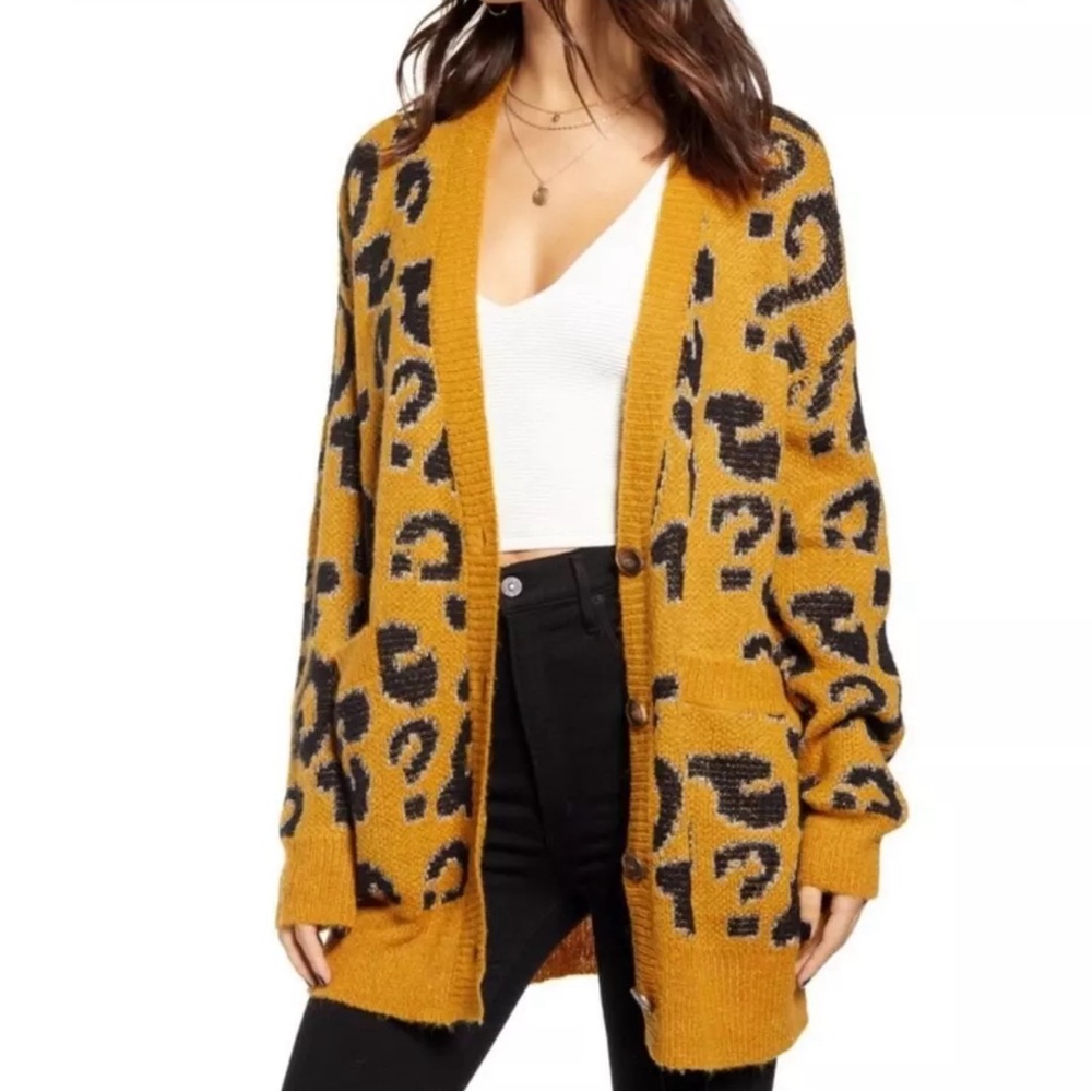 JOA Revolve Animal Print Oversized Cardigan Sweater Mustard XS